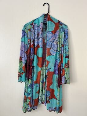 Ali Miles Floral Open Front Cardigan Turquoise Multi Plus Size 1X